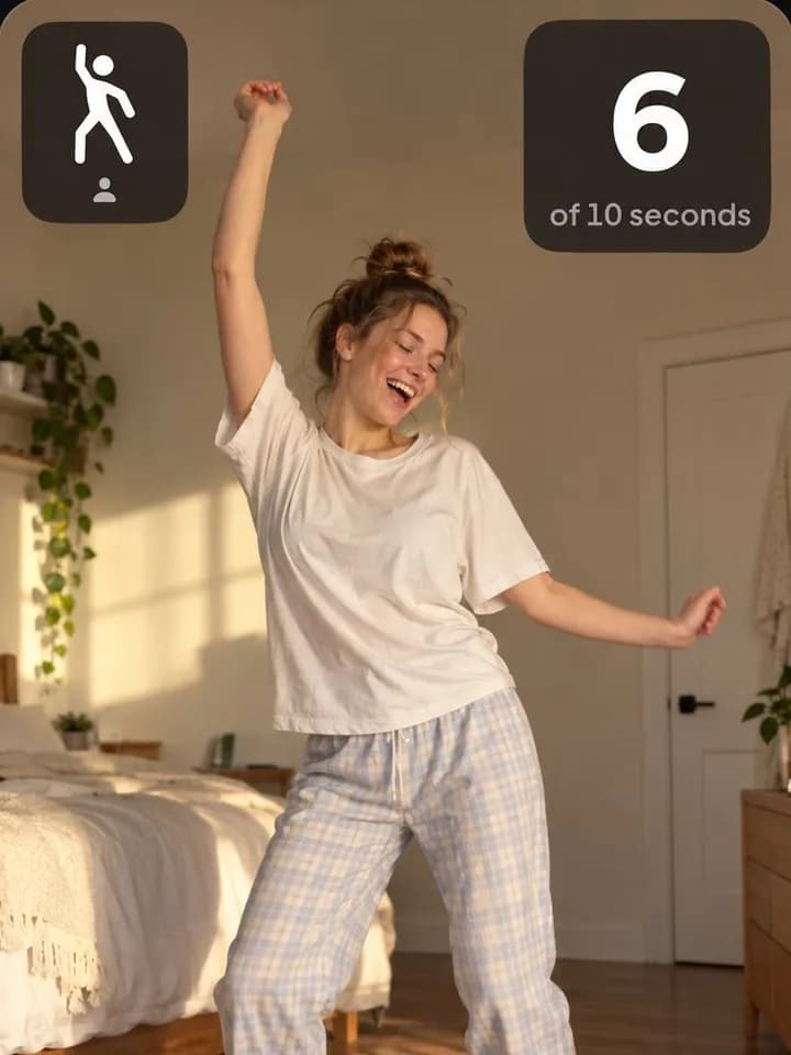 Une femme en pyjama qui danse dans une chambre ensoleillée, avec un compteur indiquant 6 sur 10 secondes.