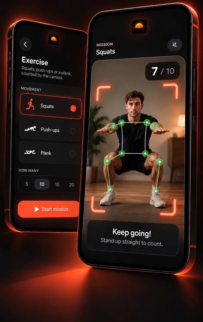 WakeOps Exercise mission on iPhone: the setup screen offers Squats, Push-ups and Plank with 5, 10, 15 or 20 reps, beside the Squats mission screen counting 7 of 10 with a body outline drawn over a man squatting.
