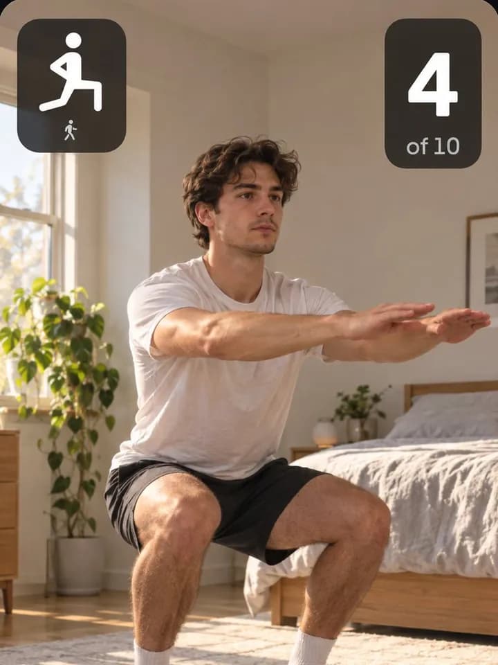 Un homme qui fait un squat dans sa chambre, avec un compteur indiquant 4 sur 10.