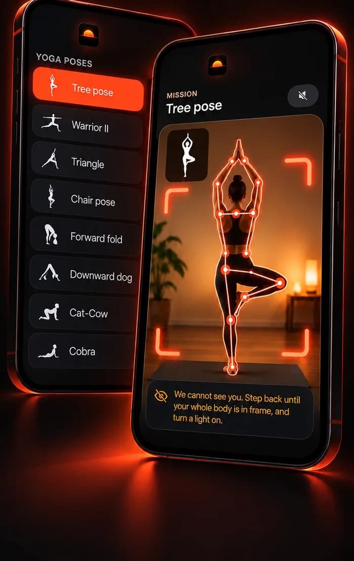 WakeOps App Store screenshot of the Yoga mission: a list of poses with Tree pose selected above Warrior II, Triangle, Chair pose, Forward fold, Downward dog, Cat-Cow and Cobra, beside the Tree pose mission, where a glowing outline traces the body and a hint reads “We cannot see you. Step back until your whole body is in frame, and turn a light on.”