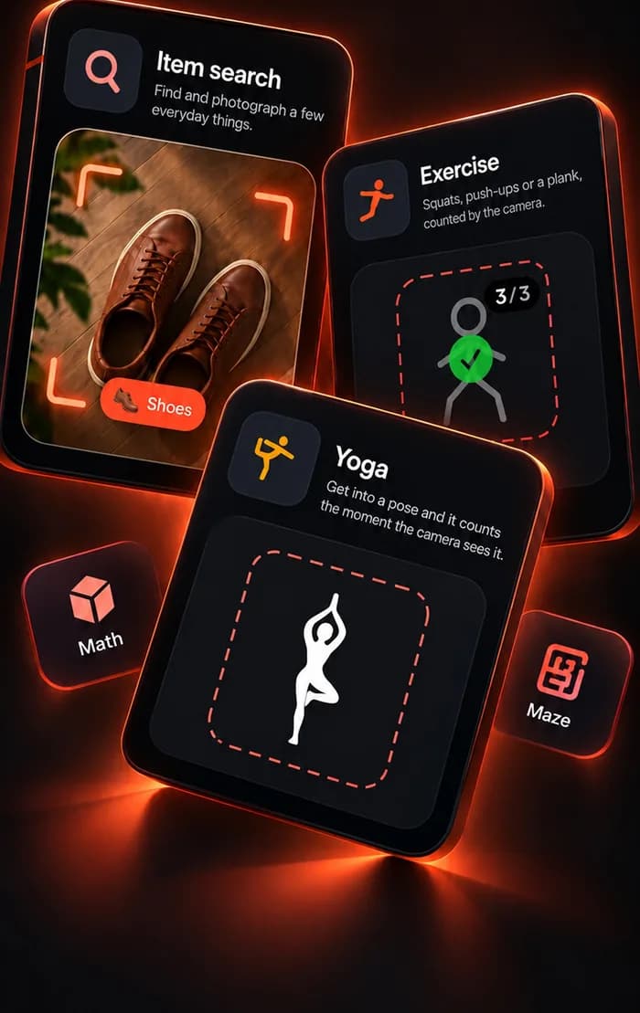 WakeOps mission cards: Item search with a pair of shoes in the camera frame, Exercise showing a count of 3 of 3, Yoga in tree pose, and tiles for the Math and Maze puzzles